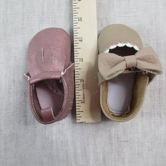 Lot of 2 Baby Girl Moccasins Pink Fringe & Tan Bow Soft Sole Crib Shoes Size 0-3 - Picture 9 of 11